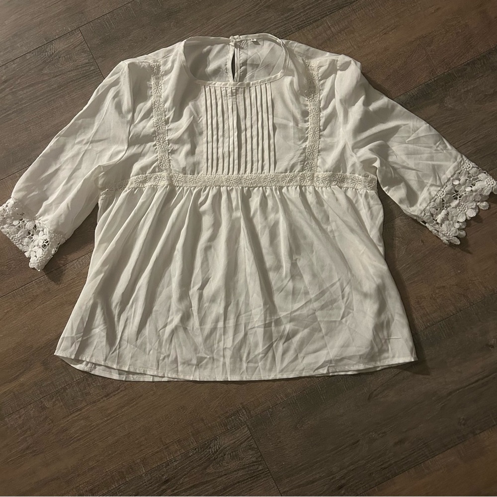 OC Order Plus Elegant White Lace Trim Pintuck Blouse 3/4 Sleeve • Large
